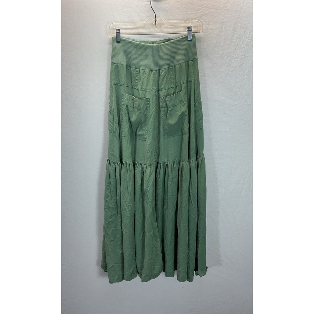 Free People Olive Maxi Skirt Utility Elastic Sz 2 Straps Lycocell Cotton Grunge - Picture 2 of 10
